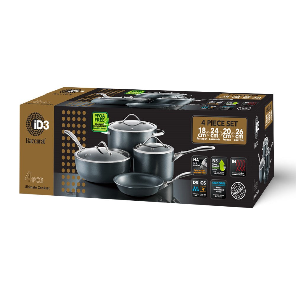 Stacked black cookware cutting boards and colourful peppers 4 piece cookware set - ID3 CS Ultimate