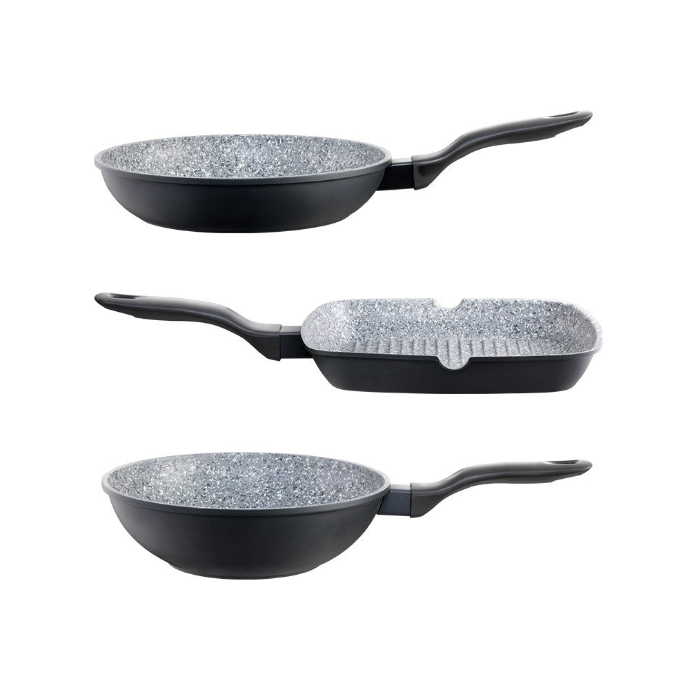 Three black frying pans with handle featuring a speckled non-stick surface 28cm - Baccarat stonex2