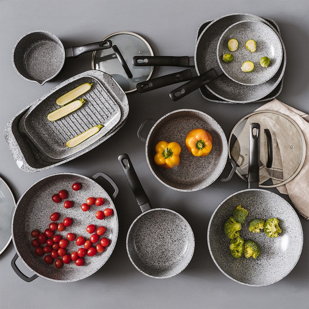 Colorful vegetables in non-stick pans on grey surface ceramic non stick cookware set - Baccarat