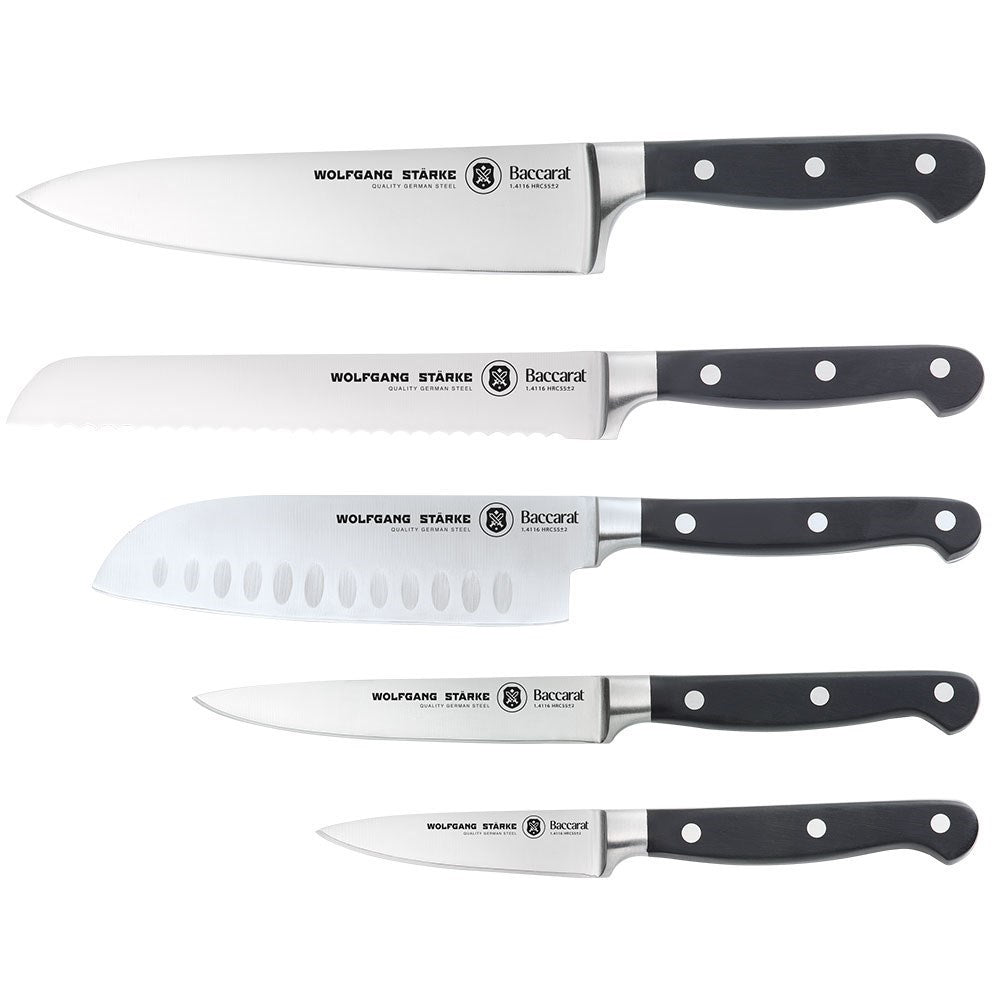 Five kitchen knives with stainless steel blades and black handles - Steak Knife 4 Piece - Baccarat
