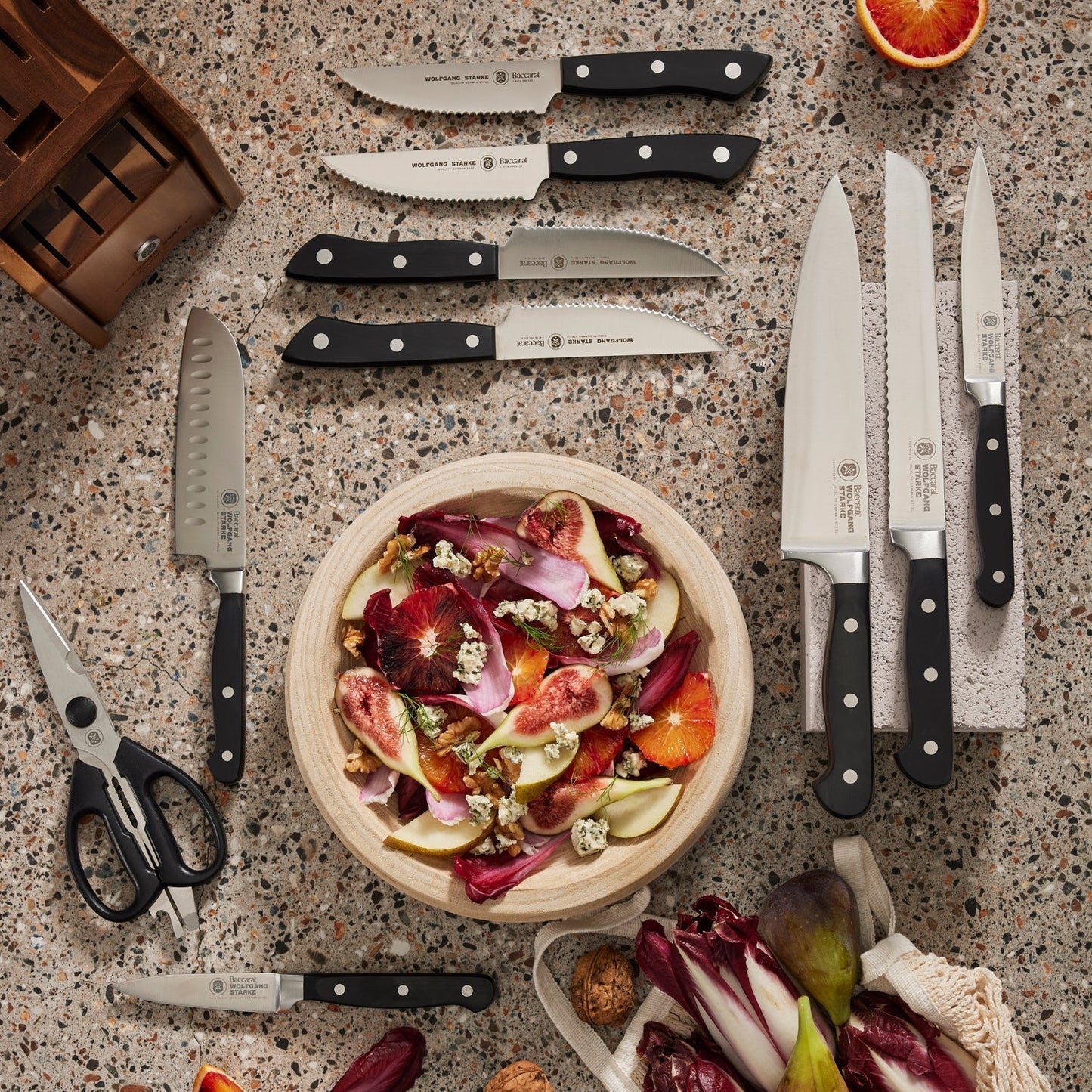 Five kitchen knives with stainless steel blades and black handles - Steak Knife 4 Piece - Baccarat