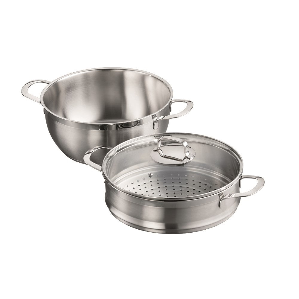 Two shiny stainless steel steamer pots with sturdy handles - 28cm casserole steamer set - Baccarat