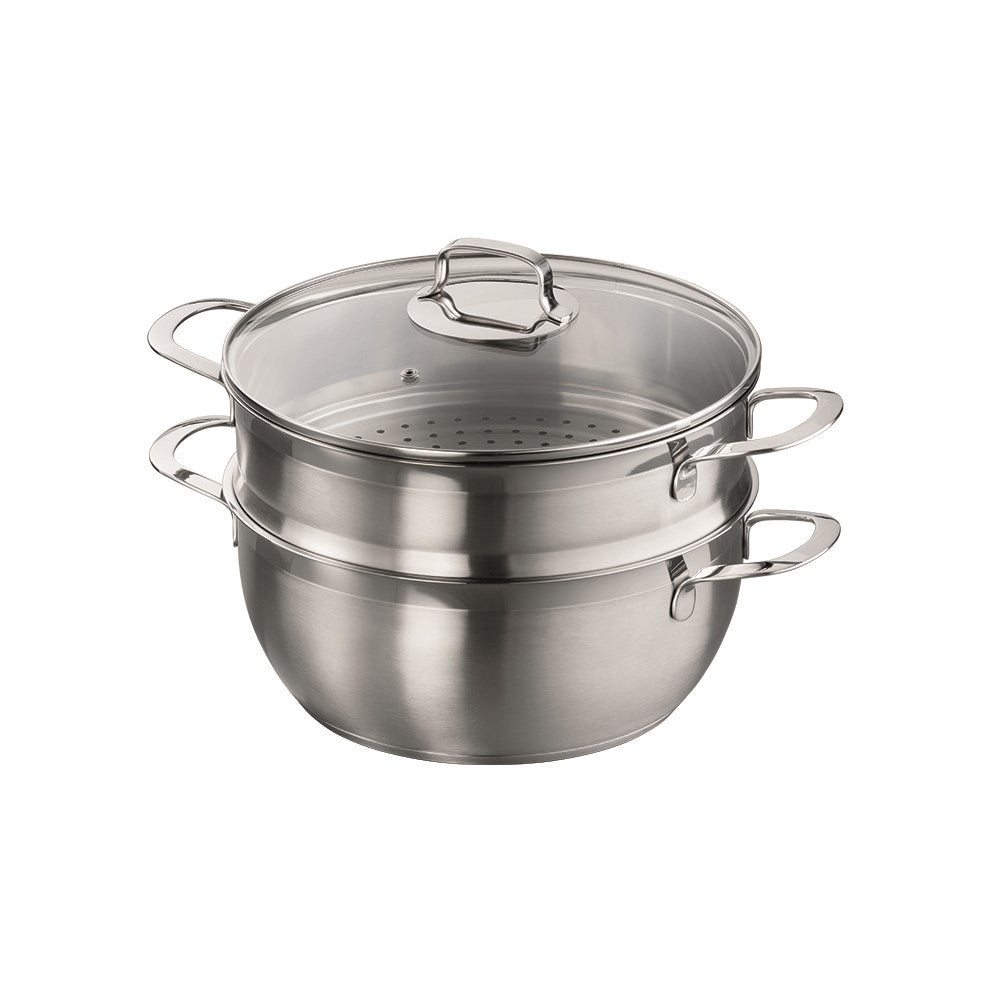 Two shiny stainless steel steamer pots with sturdy handles - 28cm casserole steamer set - Baccarat