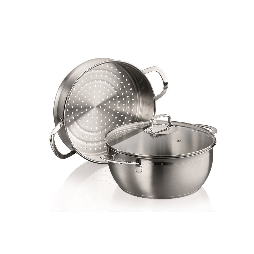 Two shiny stainless steel steamer pots with sturdy handles - 28cm casserole steamer set - Baccarat