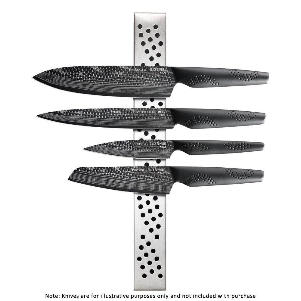 Three stainless steel black knives on a magnetic strip against a marble backdrop 40cm - Baccarat