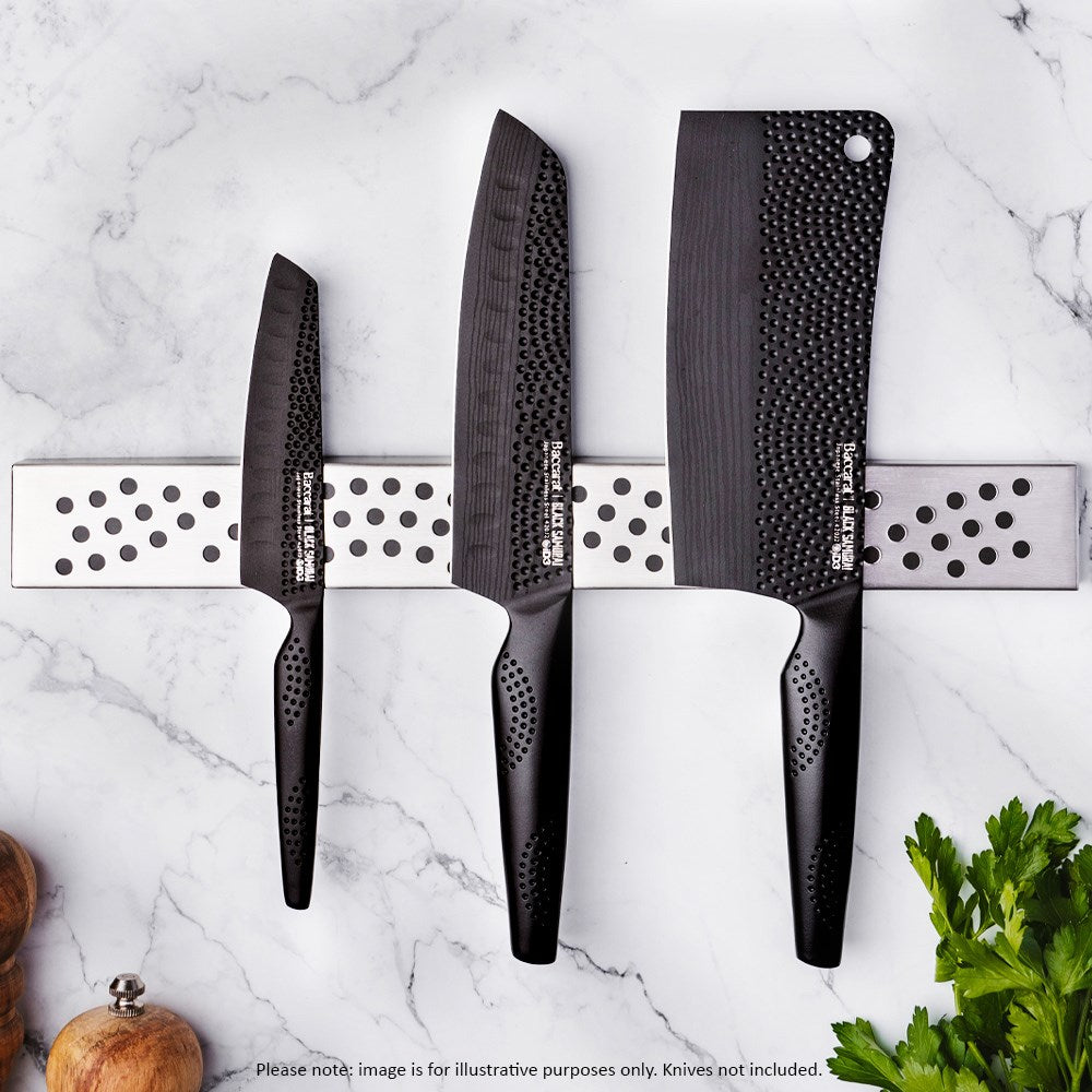 Three stainless steel black knives on a magnetic strip against a marble backdrop 40cm - Baccarat