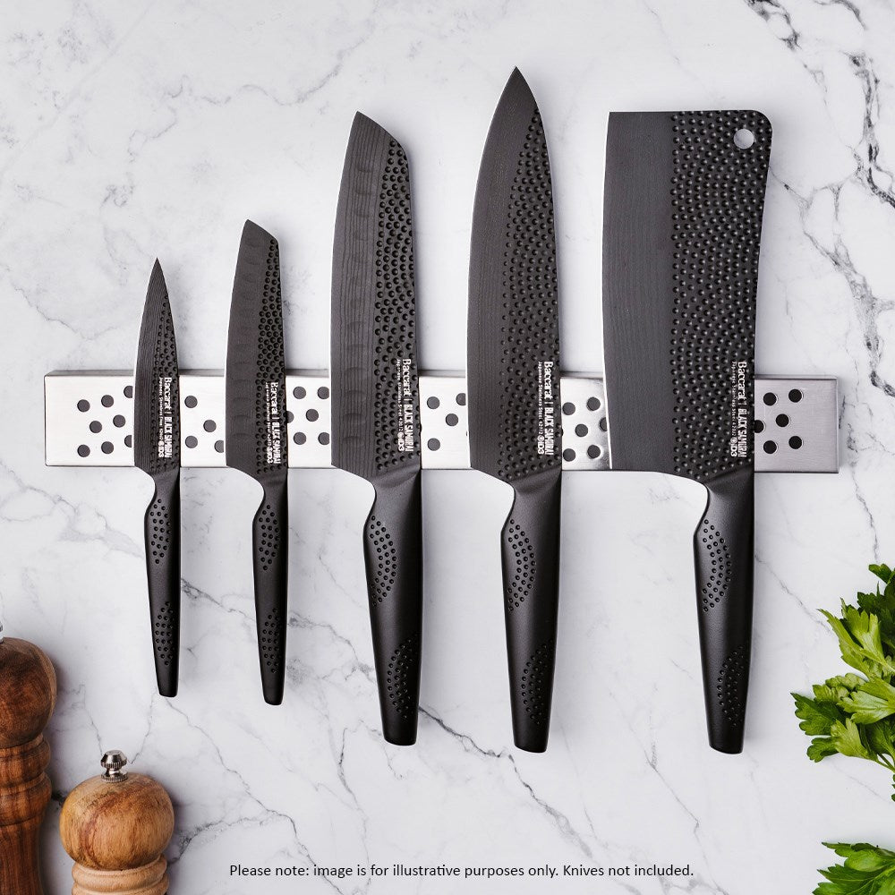 Three stainless steel black knives on a magnetic strip against a marble backdrop 40cm - Baccarat