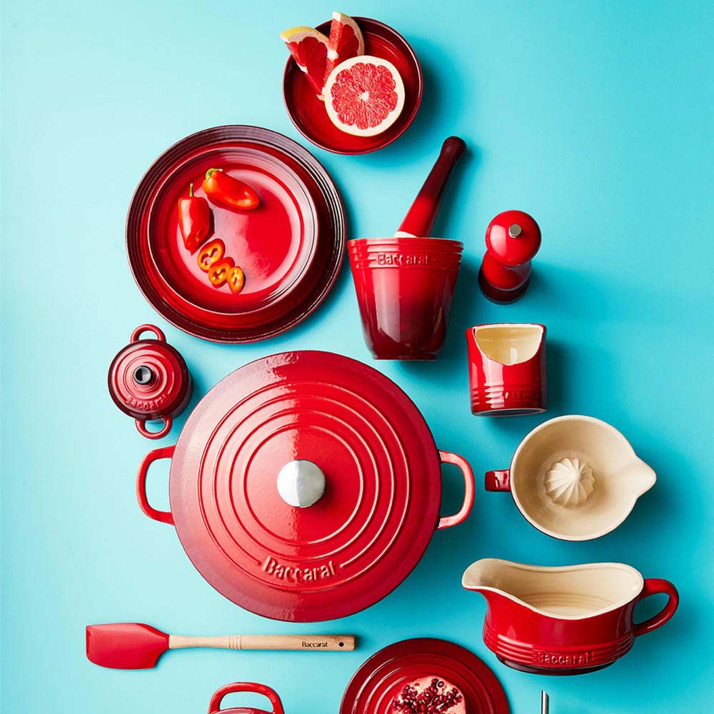 Round red cast iron pot with handles black lid knob red pot cookware - Baccarat le connoisseur