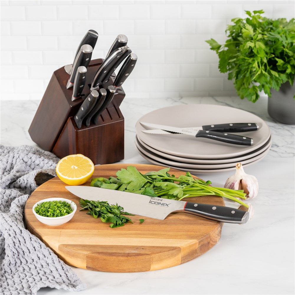 A kitchen scene with 14 piece knife block along side with cutting board and plates - Baccarat Iconix