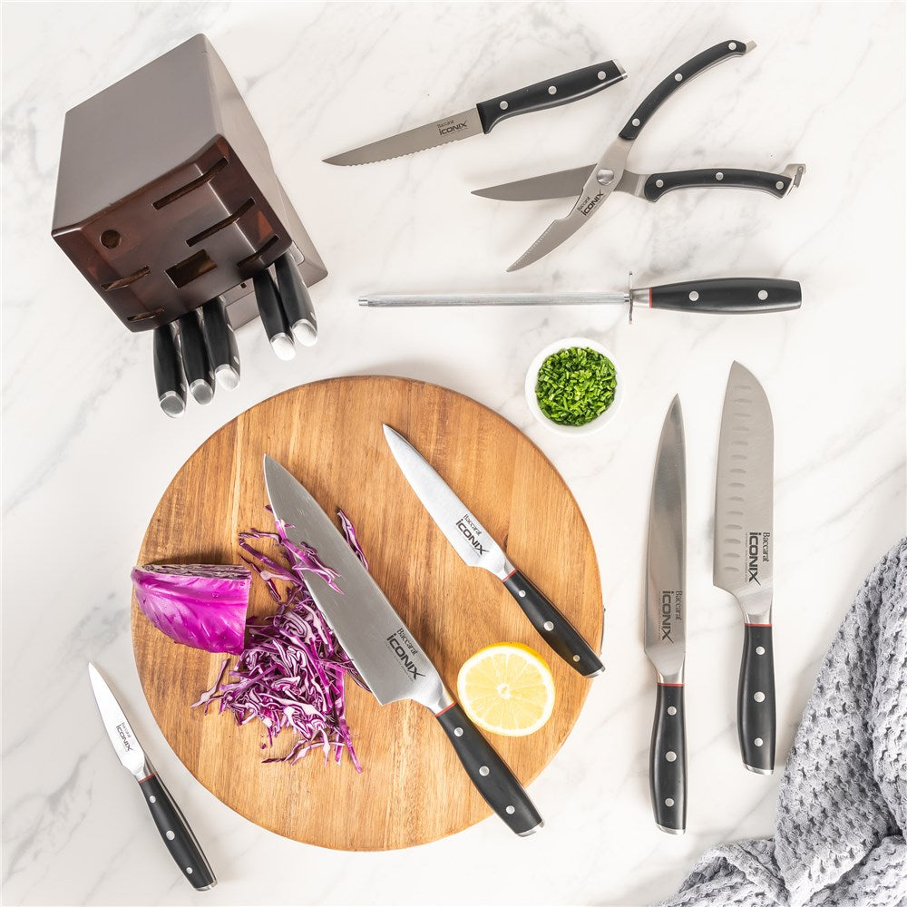 A kitchen scene with 14 piece knife block along side with cutting board and plates - Baccarat Iconix