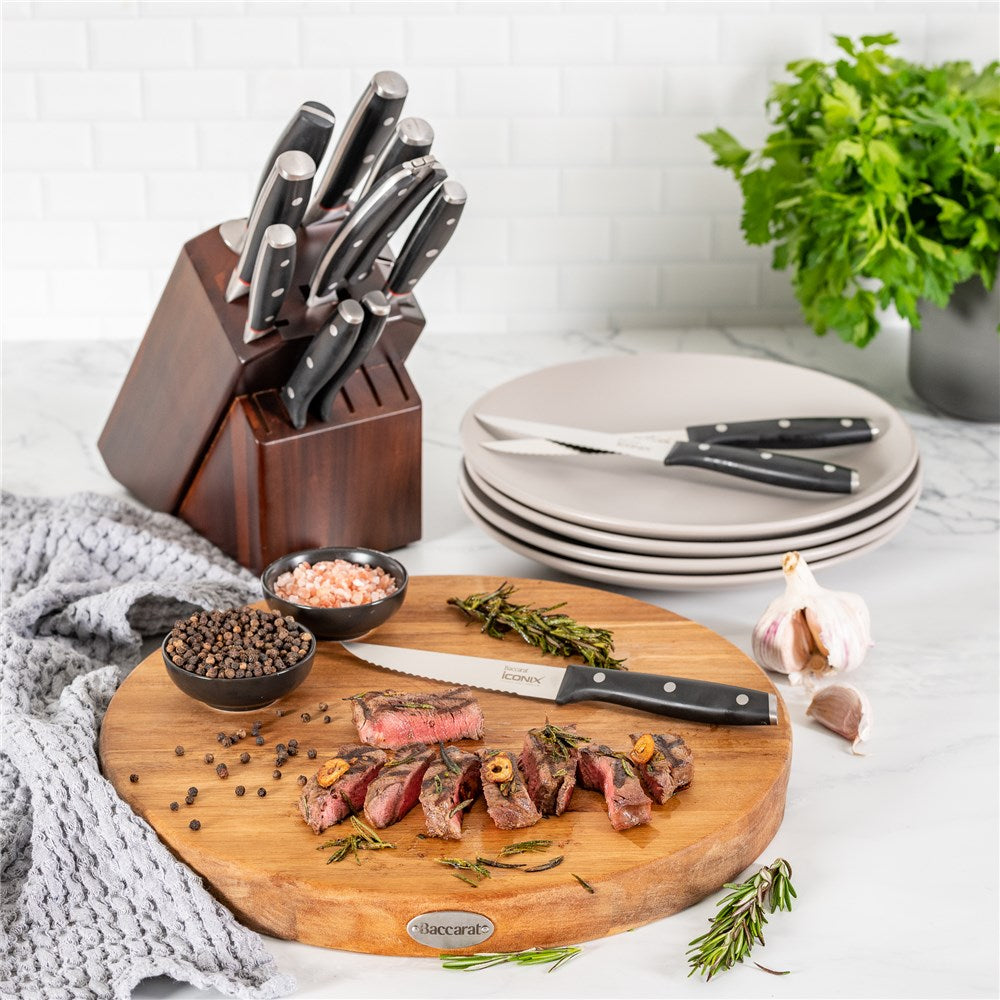 A kitchen scene with 14 piece knife block along side with cutting board and plates - Baccarat Iconix
