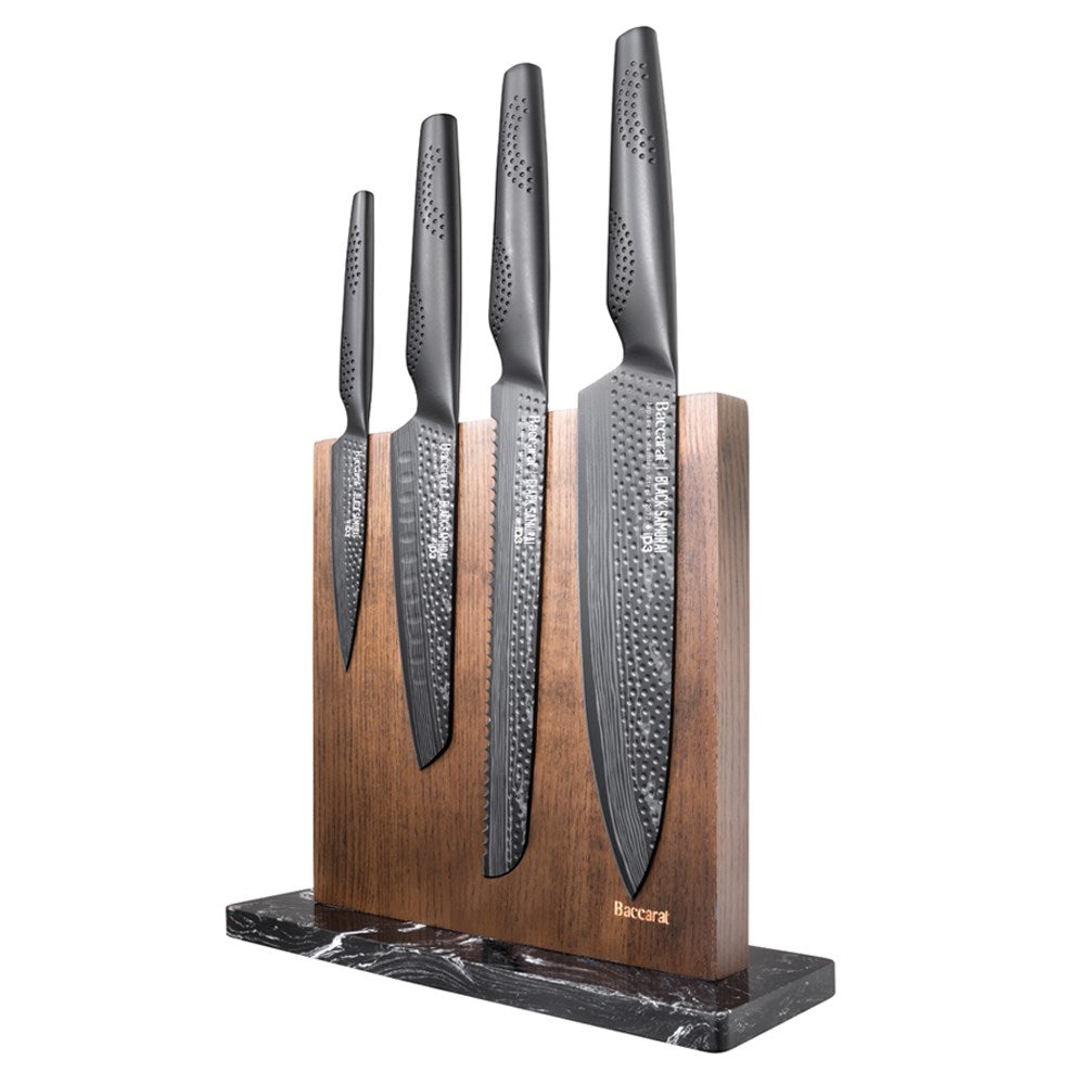 Close-up of two black kitchen knives in a wooden block textured handles colour knives - Baccarat ID3