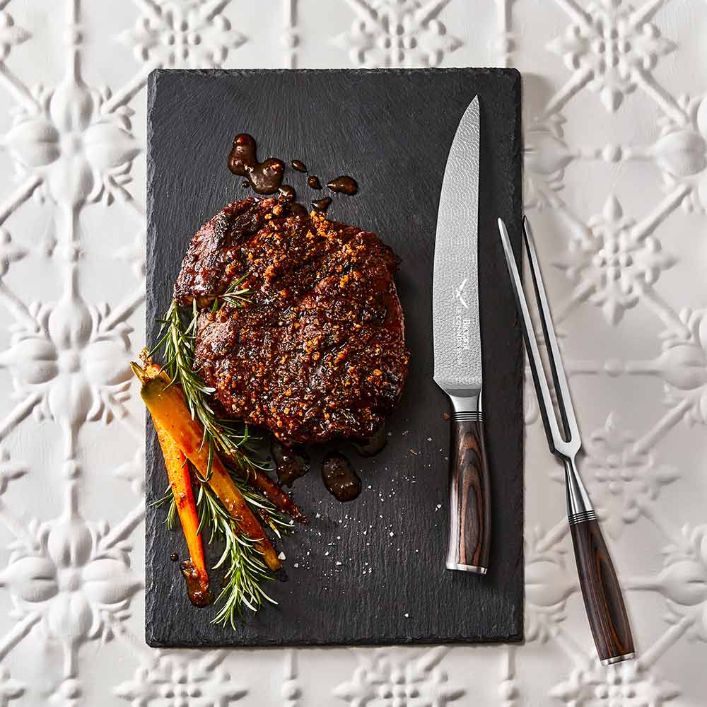 sleek black case with brown handles stainless steel knife and fork - 7 piece knife block - Baccarat