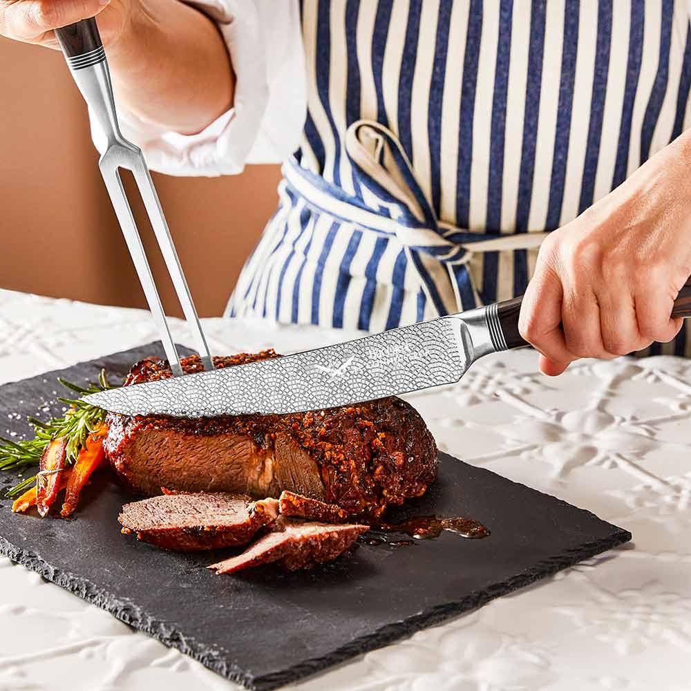 sleek black case with brown handles stainless steel knife and fork - 7 piece knife block - Baccarat