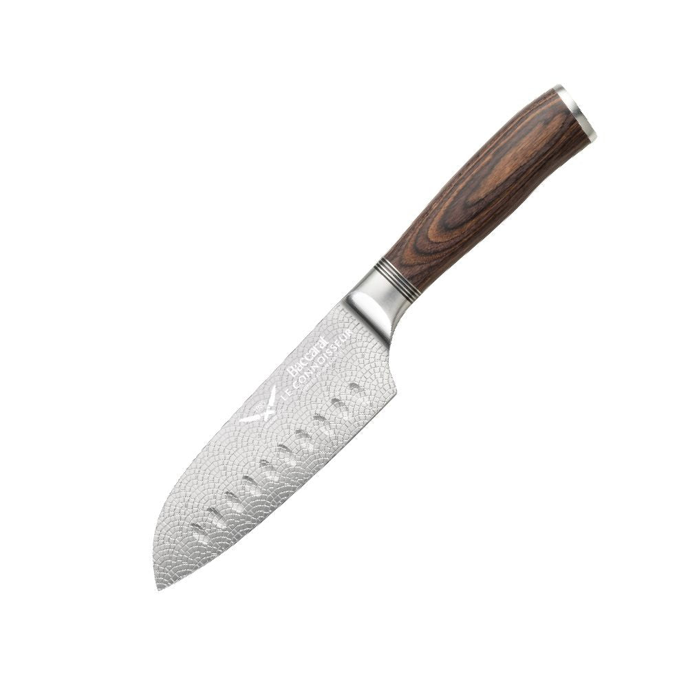 Baccarat Le Connoisseur Santoku Knife with stainless steel blade and brown wooden handle in open box