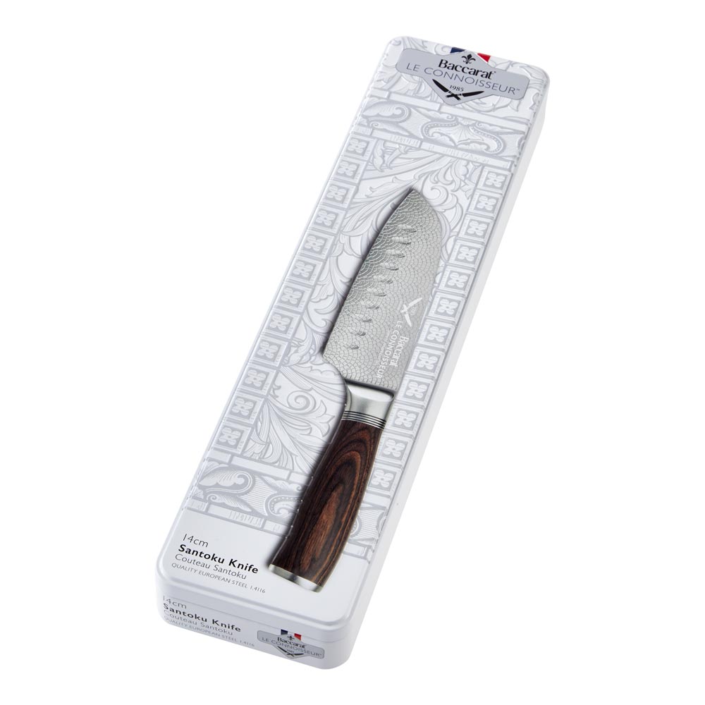 Baccarat Le Connoisseur Santoku Knife with stainless steel blade and brown wooden handle in open box