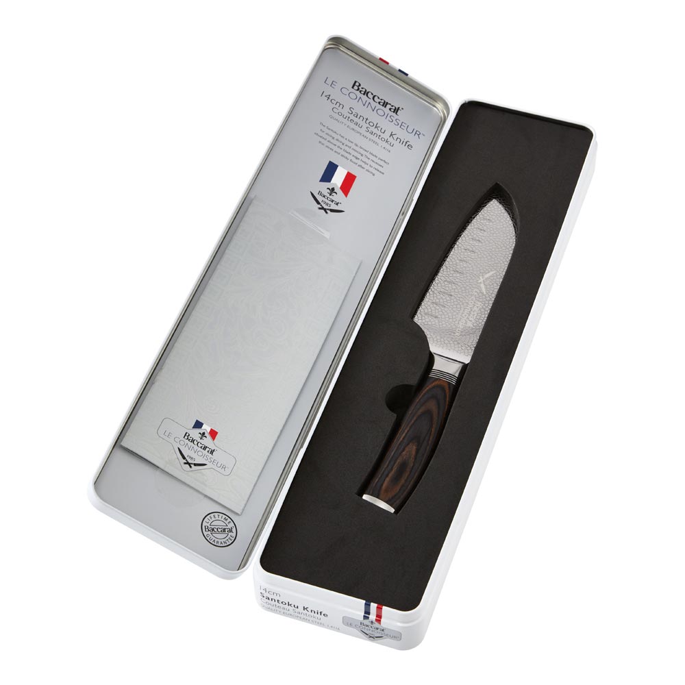 Baccarat Le Connoisseur Santoku Knife with stainless steel blade and brown wooden handle in open box