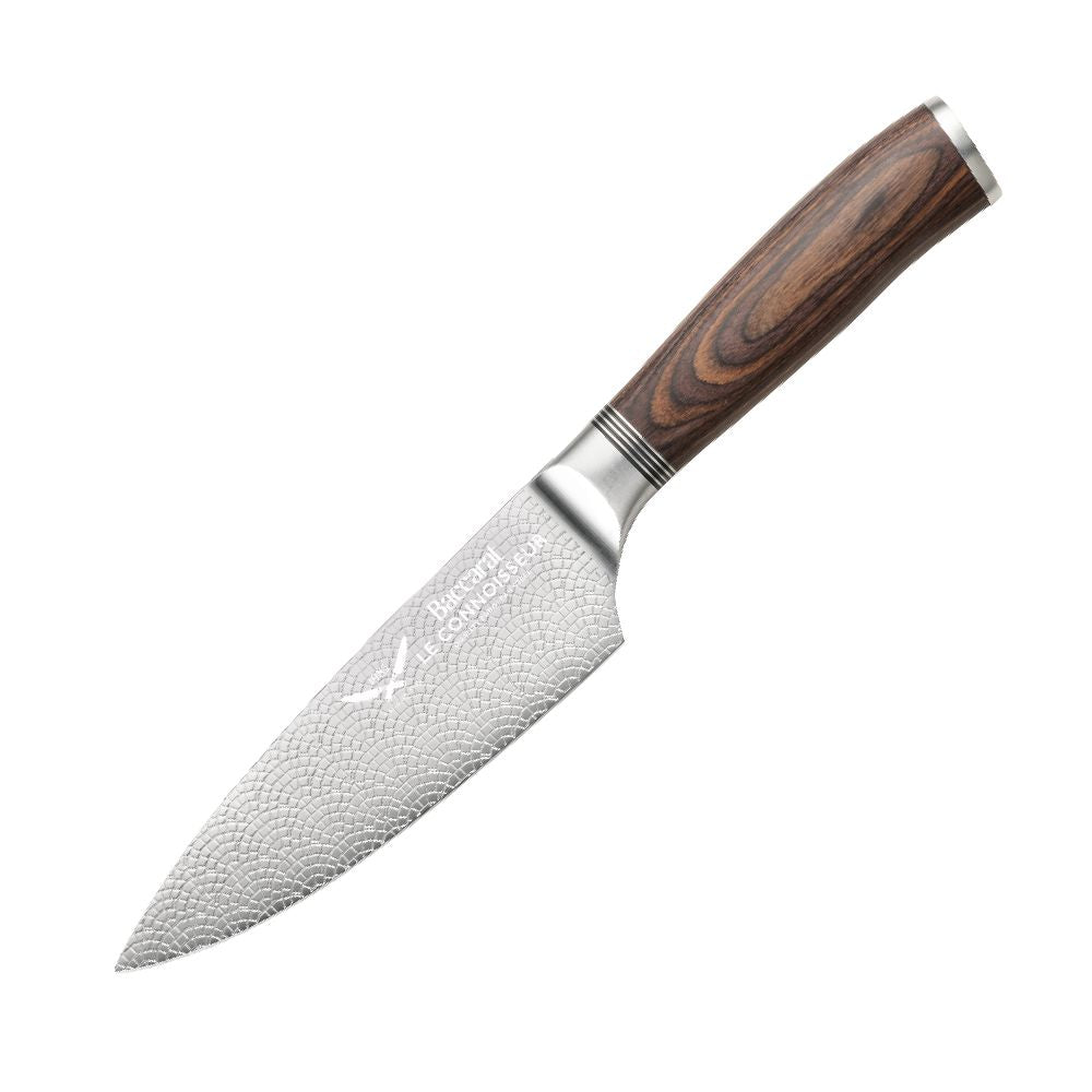 Sleek chefs knife with wooden handle in a silver box with French flag logo - Baccarat Le Connoisseur