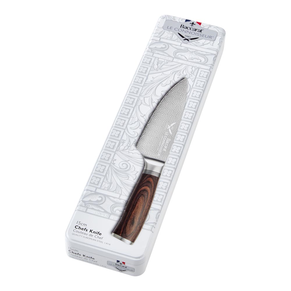 Sleek chefs knife with wooden handle in a silver box with French flag logo - Baccarat Le Connoisseur