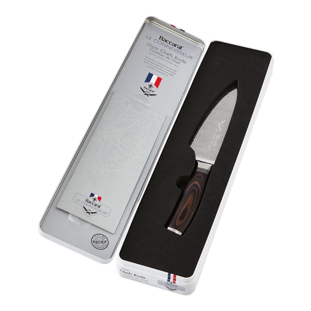 Sleek chefs knife with wooden handle in a silver box with French flag logo - Baccarat Le Connoisseur