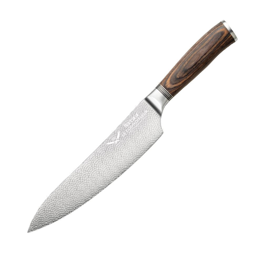 A sleek chefs knife with a sharp stainless steel blade and a dark wood handle colour 20cm - Baccarat