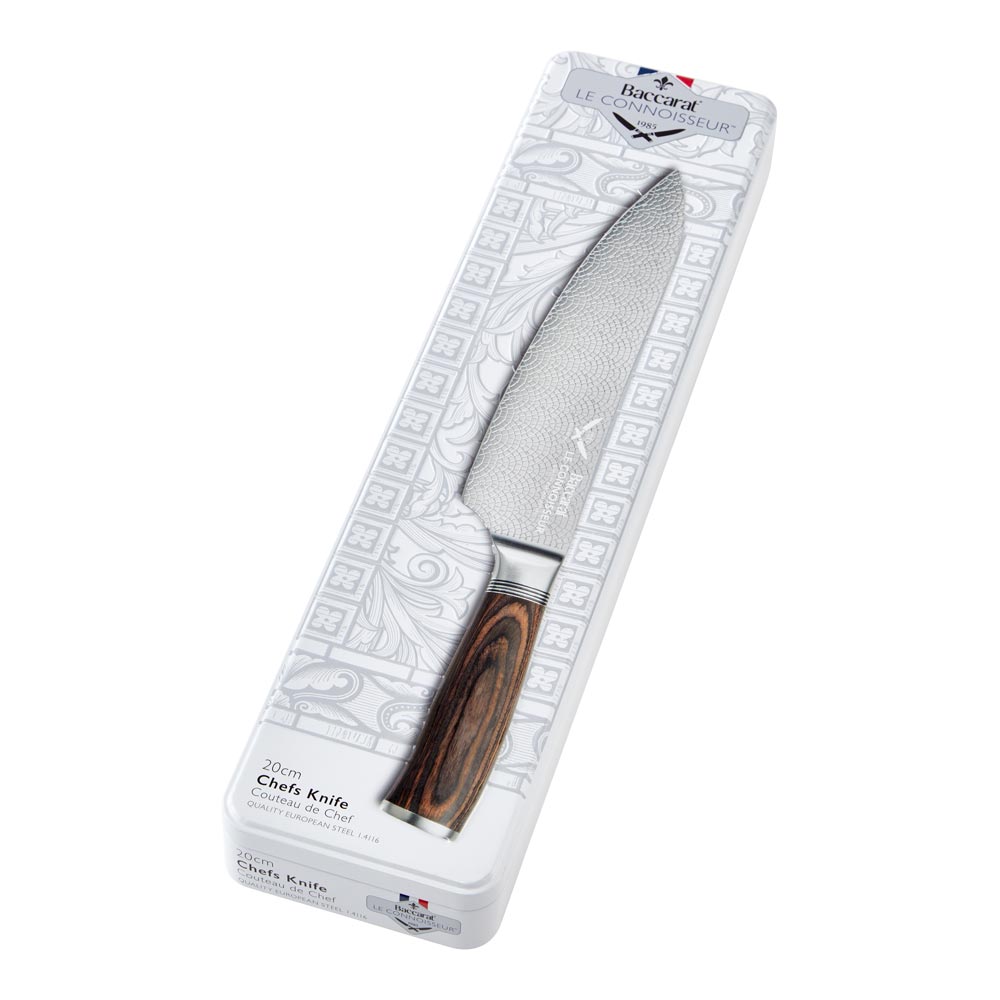A sleek chefs knife with a sharp stainless steel blade and a dark wood handle colour 20cm - Baccarat
