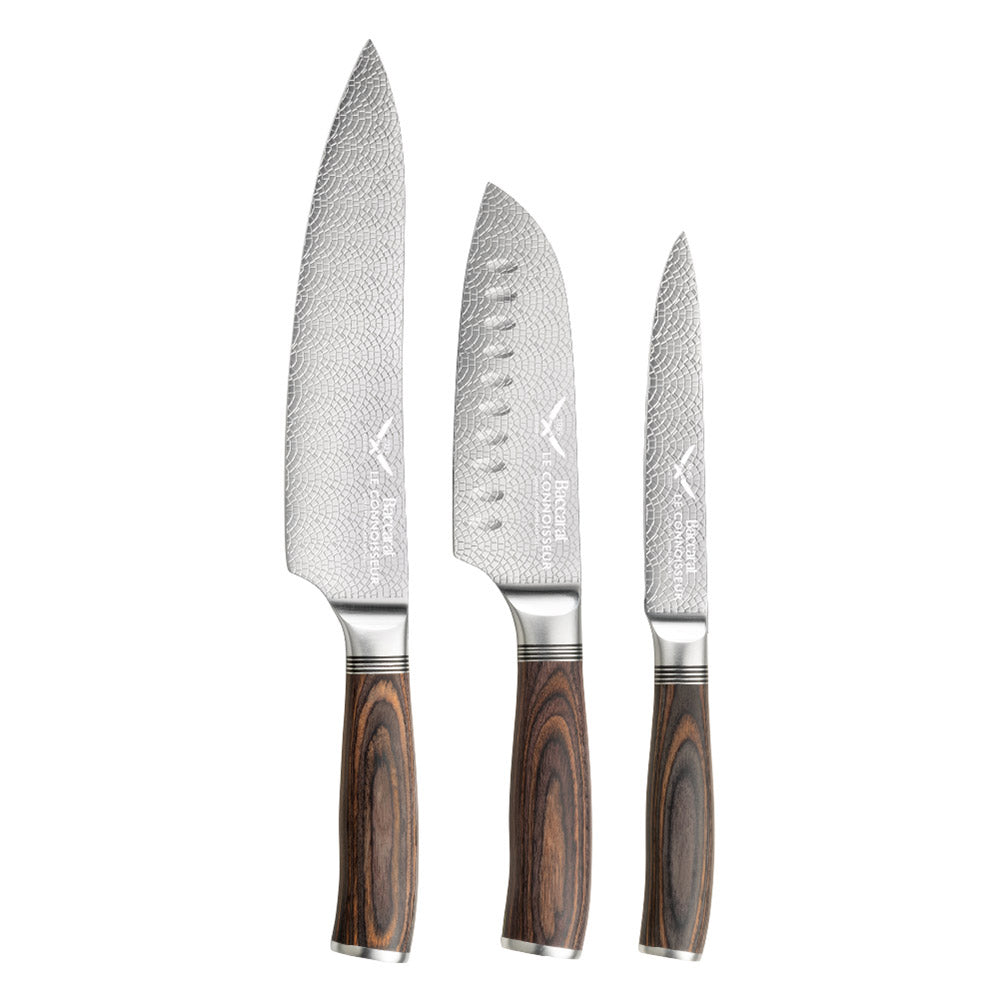 Three stainless steel knives with wooden handles in a box silver knife set 17 5cm - Baccarat
