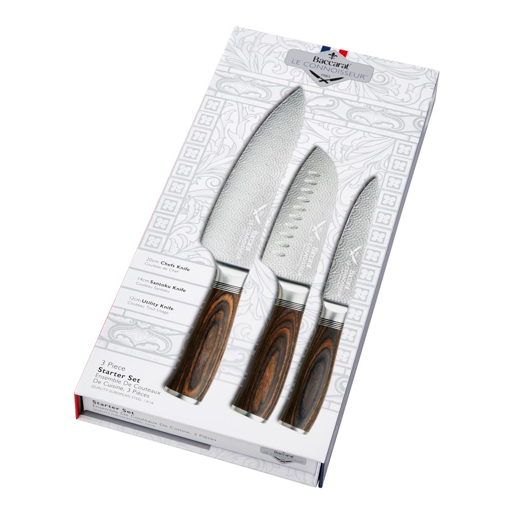 Three stainless steel knives with wooden handles in a box silver knife set 17 5cm - Baccarat