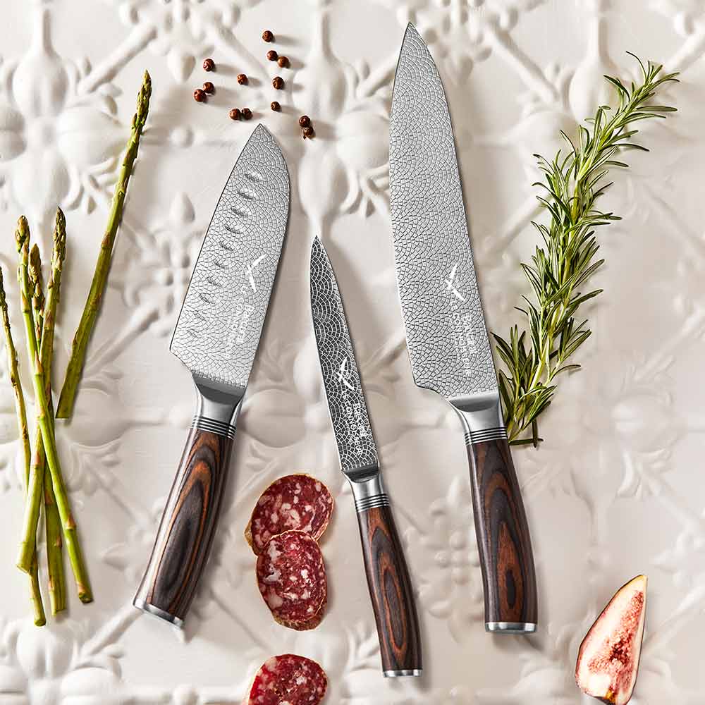 Three stainless steel knives with wooden handles in a box silver knife set 17 5cm - Baccarat