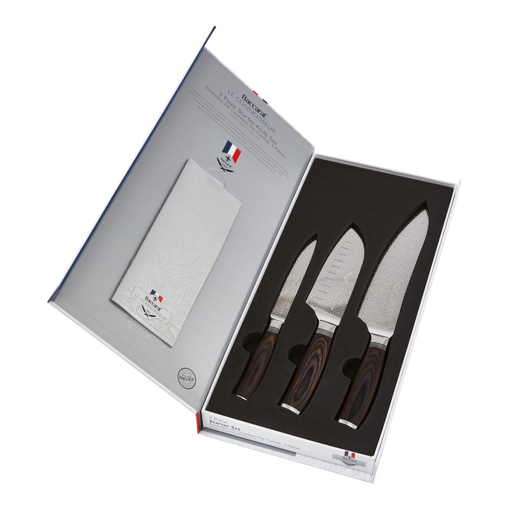 Three stainless steel knives with wooden handles in a box silver knife set 17 5cm - Baccarat