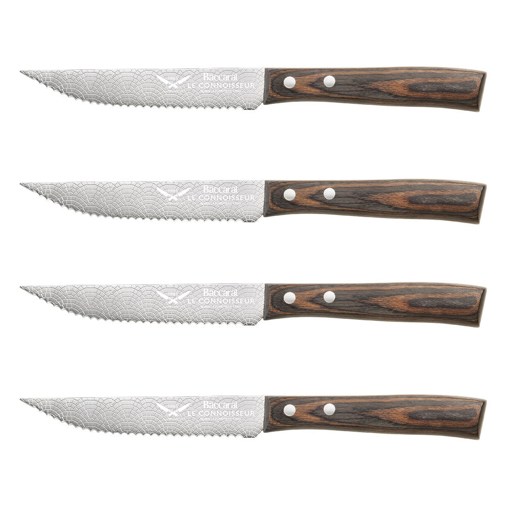 Four quality steak knives with sleek silver blades and brown wooden handles 17 5cm - Baccarat
