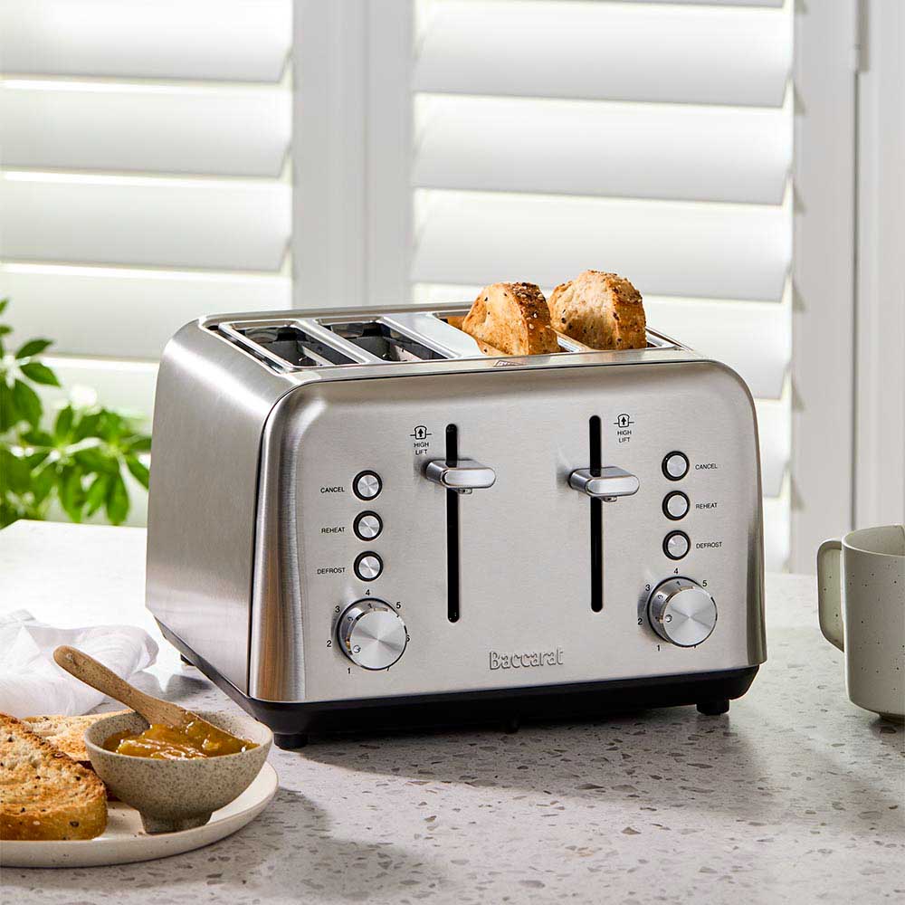 four slot toaster with toasted slices in silver finish and black buttons - Baccarat the Toasty Slice