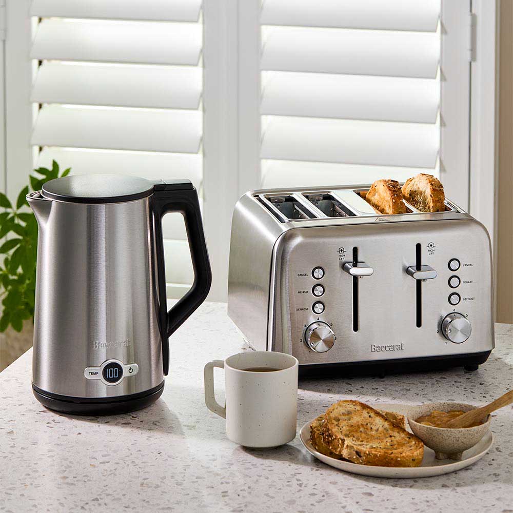 four slot toaster with toasted slices in silver finish and black buttons - Baccarat the Toasty Slice