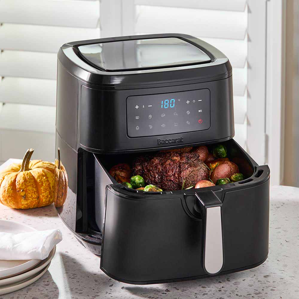 A digital air fryer with a sleek design and touchscreen display showing 180 degrees black - Baccarat