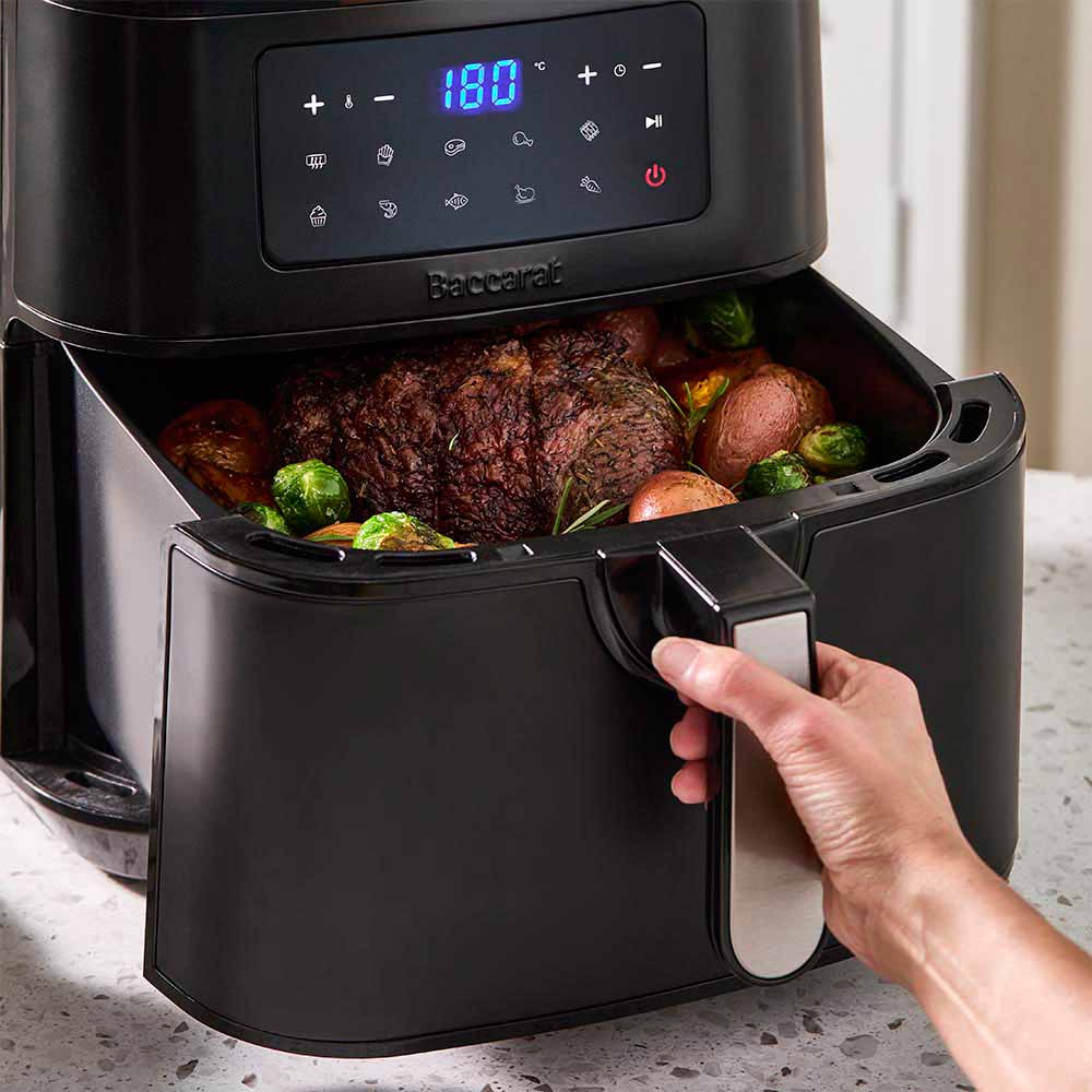 A digital air fryer with a sleek design and touchscreen display showing 180 degrees black - Baccarat