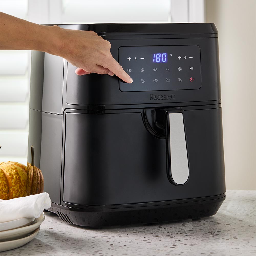 A digital air fryer with a sleek design and touchscreen display showing 180 degrees black - Baccarat