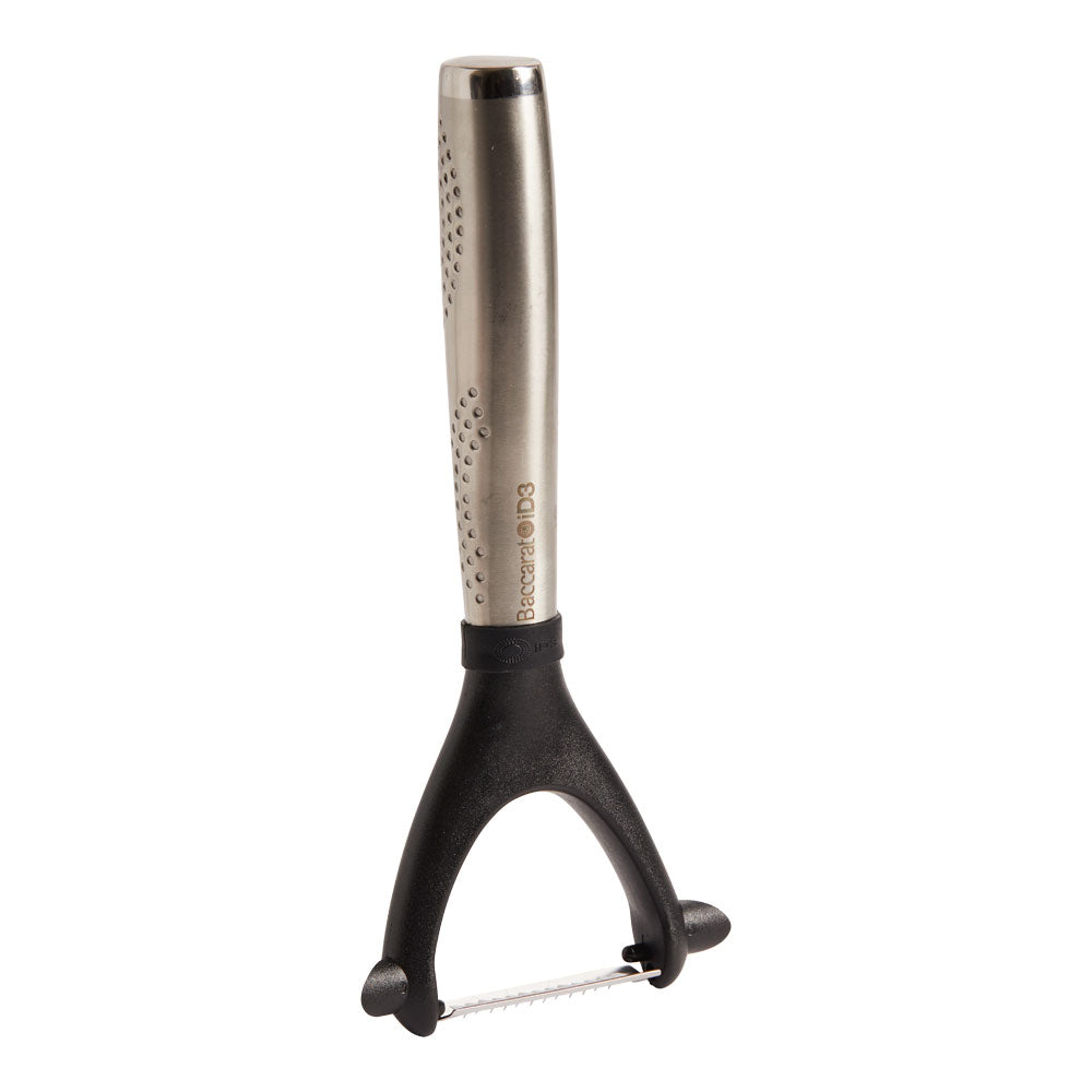 Sleek Y-shaped stainless steel peeler with a black handle durable construction - Baccarat gourmet