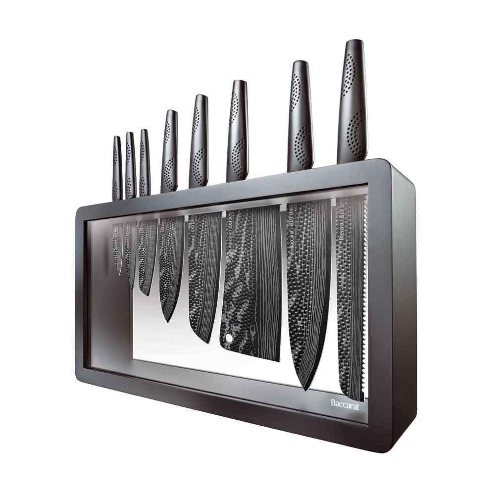 Sharp knives on speckled countertop with sliced tomatoes and onions - Baccarat id3 Black Samurai Syo