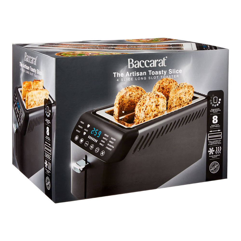 Front view of Baccarat The Artisan Toasty Slice with digital controls and stainless steel accents