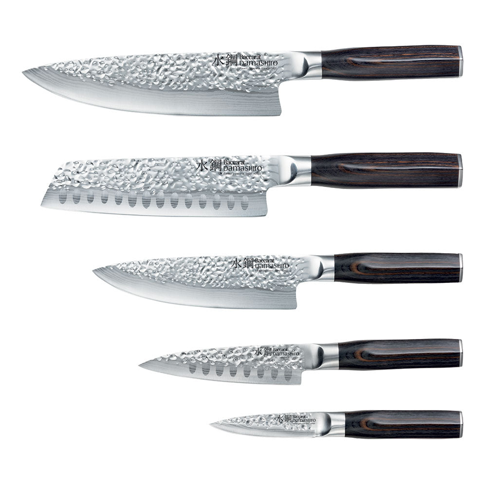 Sharp kitchen knives surround a colourful salad with eggs on a gray surface - Damashiro Emperor Hisa