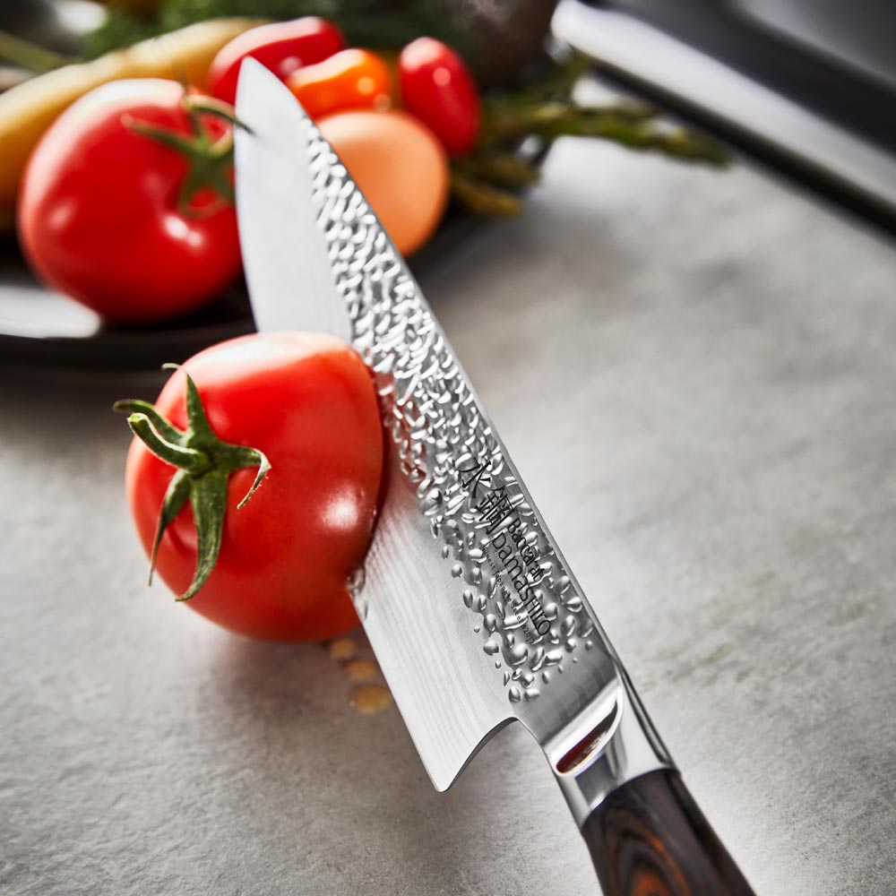 Sharp kitchen knives surround a colourful salad with eggs on a gray surface - Damashiro Emperor Hisa