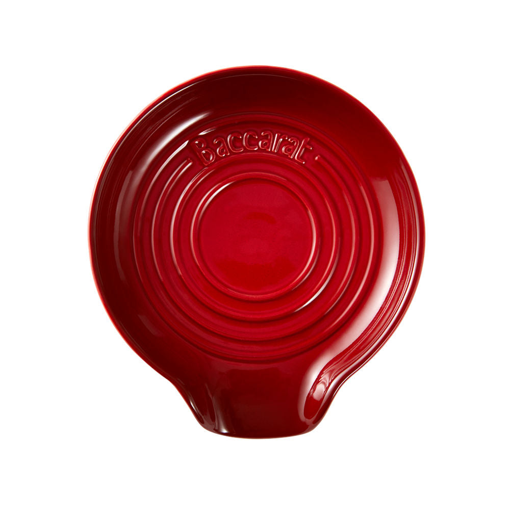 Red round ceramic spoon rest with glossy finish and embossed rings - Baccarat acacia magnetic trivet