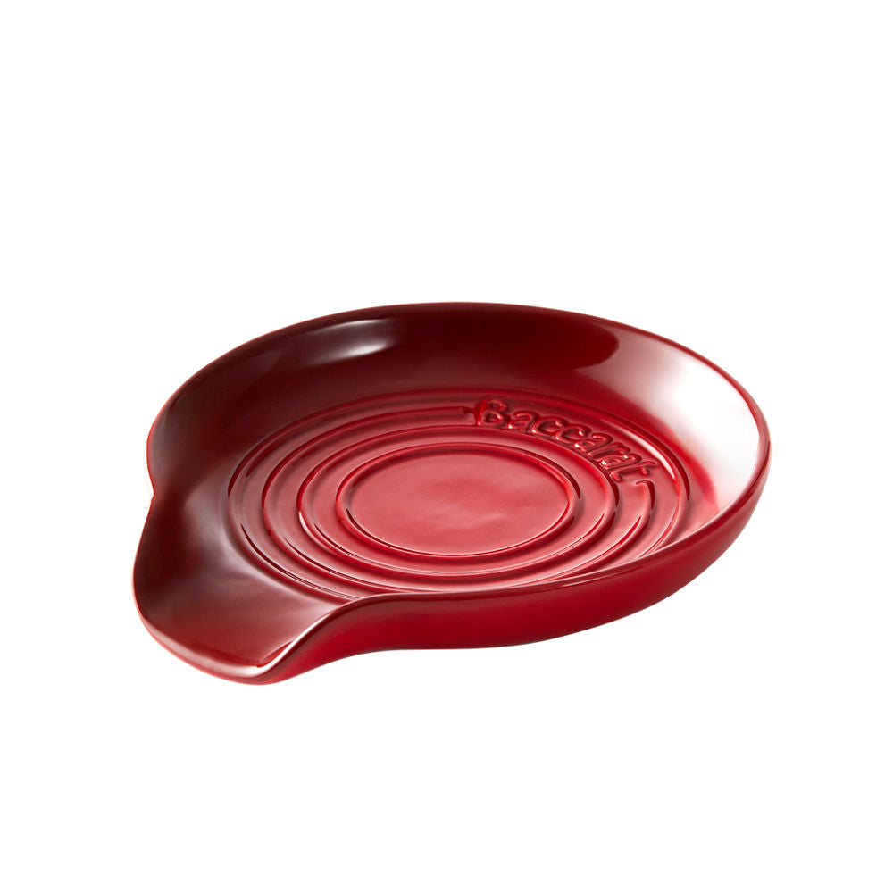 Red round ceramic spoon rest with glossy finish and embossed rings - Baccarat acacia magnetic trivet