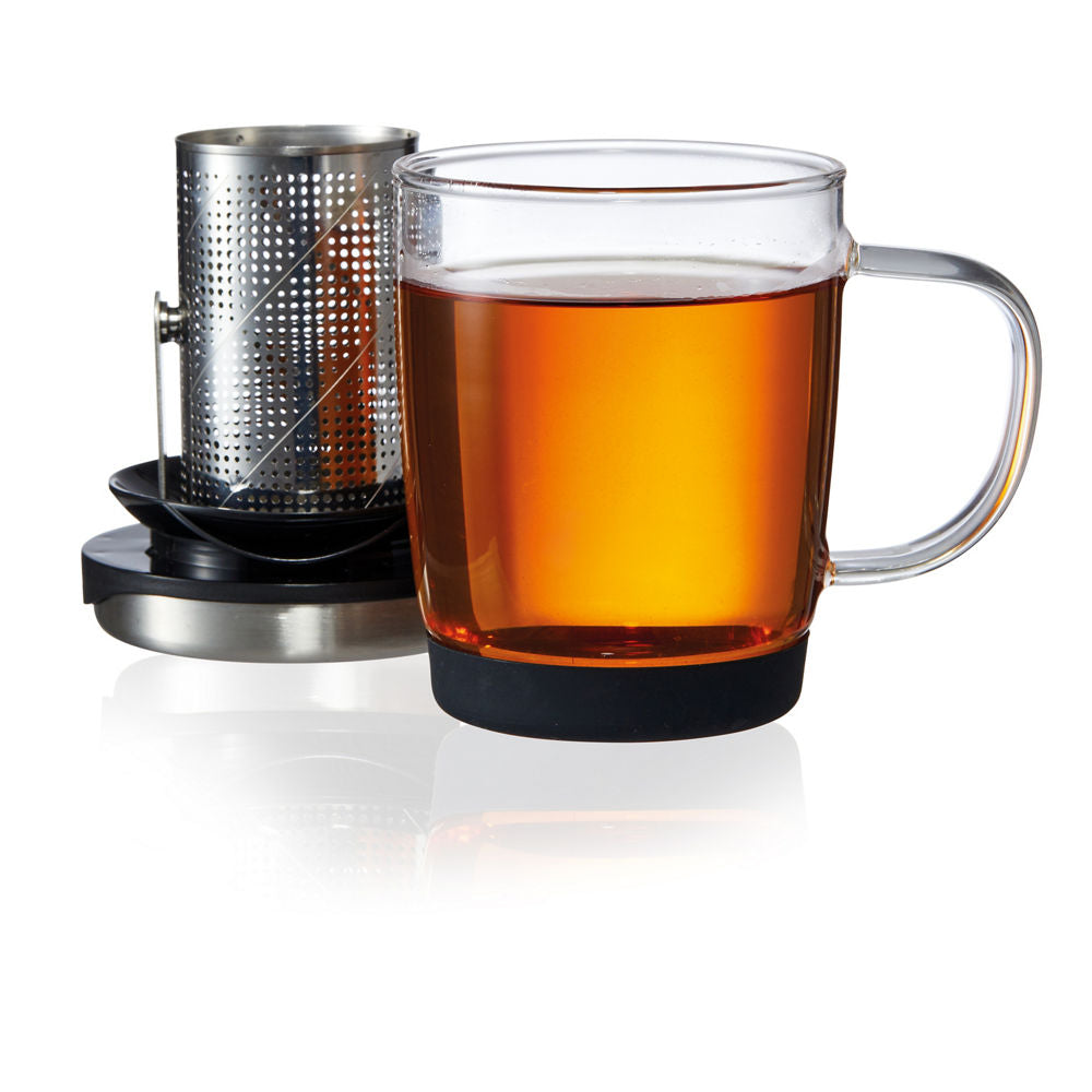Glass tea infuser mug with stainless steel mesh and black lid for brewing loose leaf tea - Baccarat