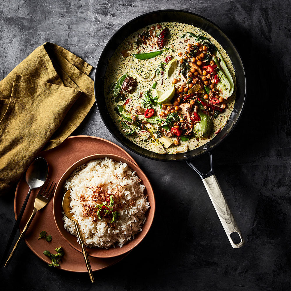 Culinarix ceramic frypan 30cm skillet with creamy green curry and vegetables beside rice - Baccarat