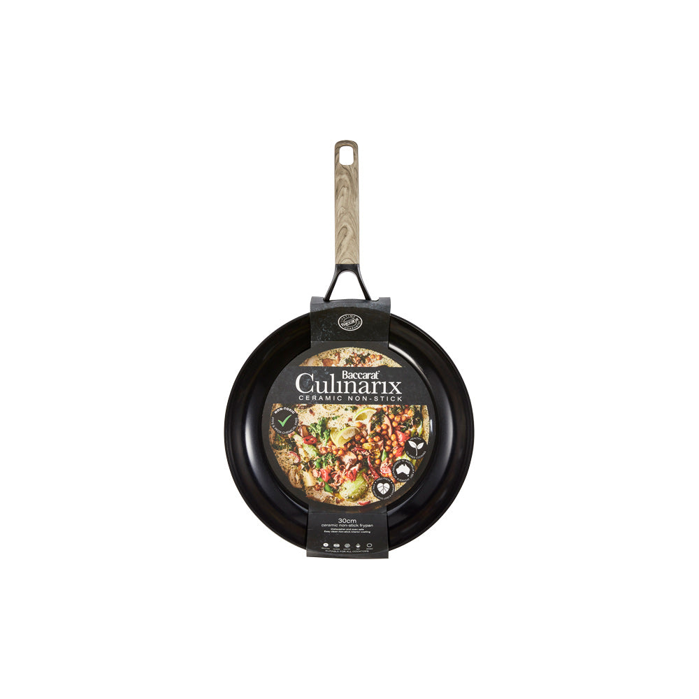 Culinarix ceramic frypan 30cm skillet with creamy green curry and vegetables beside rice - Baccarat