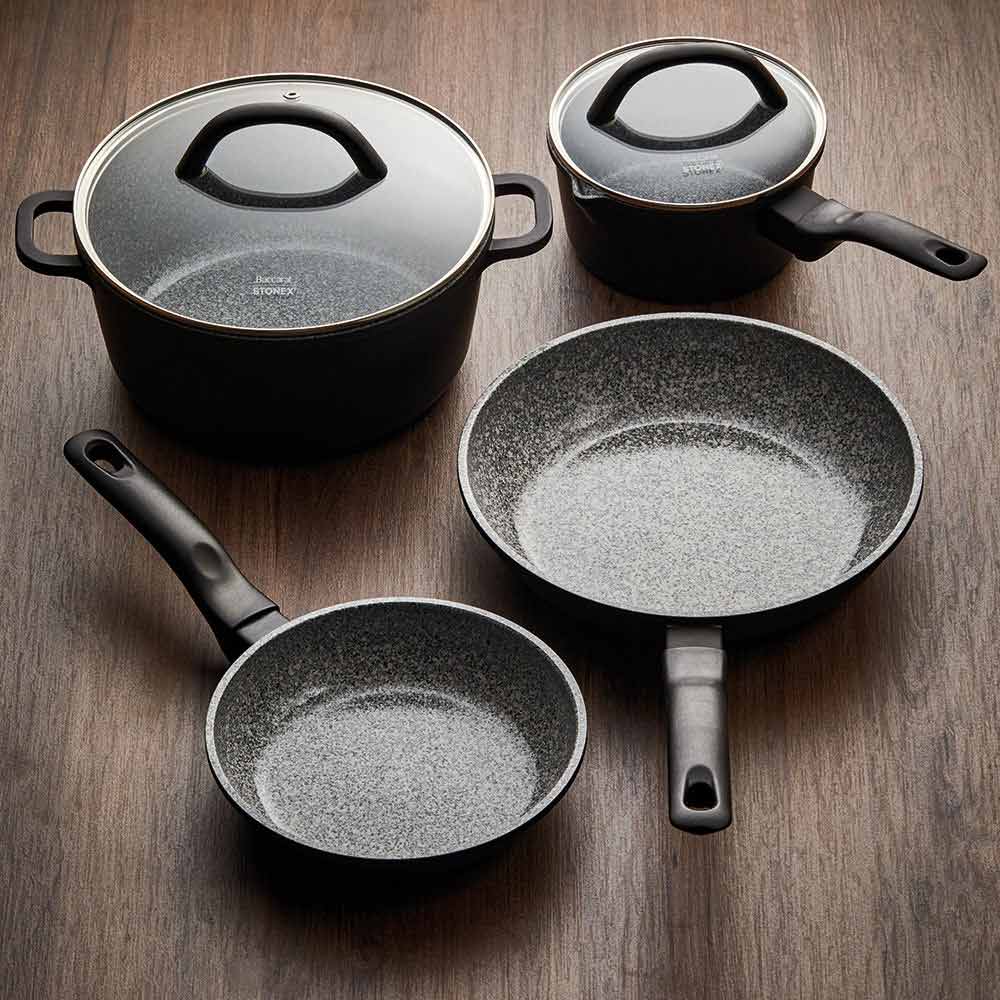 Grey non-stick cookware set with frying pan saucepan and pot with lids - Baccarat 4-piece cookware