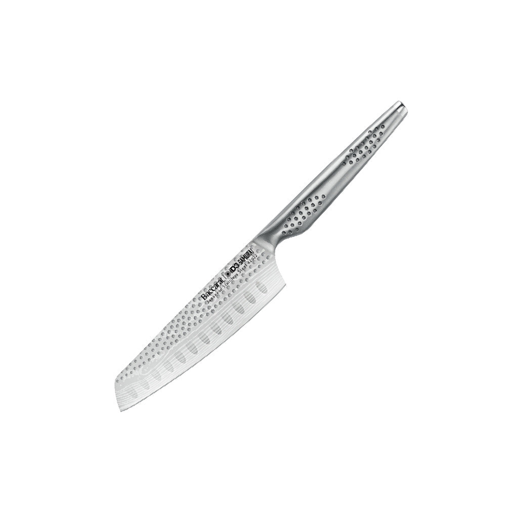 Shiny silver santoku knife with a 12 5cm blade reflecting on a surface - Baccarat id3 Samurai try me