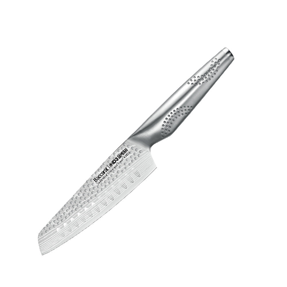 Fresh tomatoes in a wooden bowl with a silver knife on a brown surface - 11cm knife Samurai Santoku