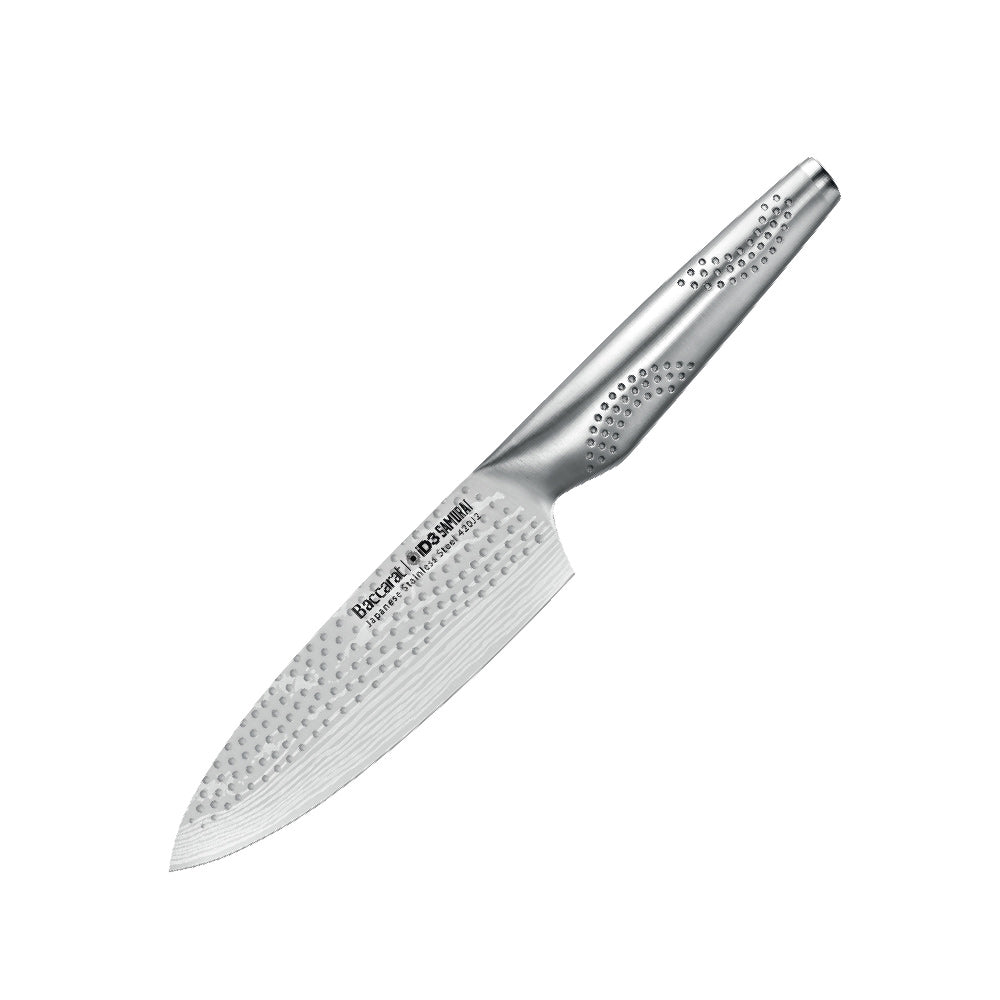 A silver chef's knife with textured blade and sleek handle - Baccarat id3 Samurai Utility Knife 11cm